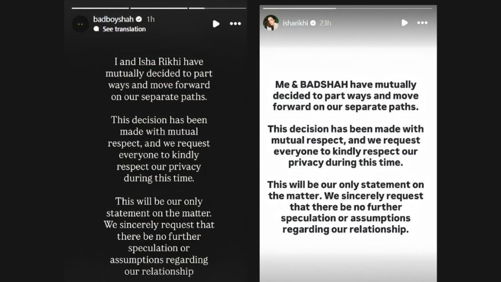 Badshah and Isha Rikhi took to their respective Instagram Stories to post matching, official statements addressing the split