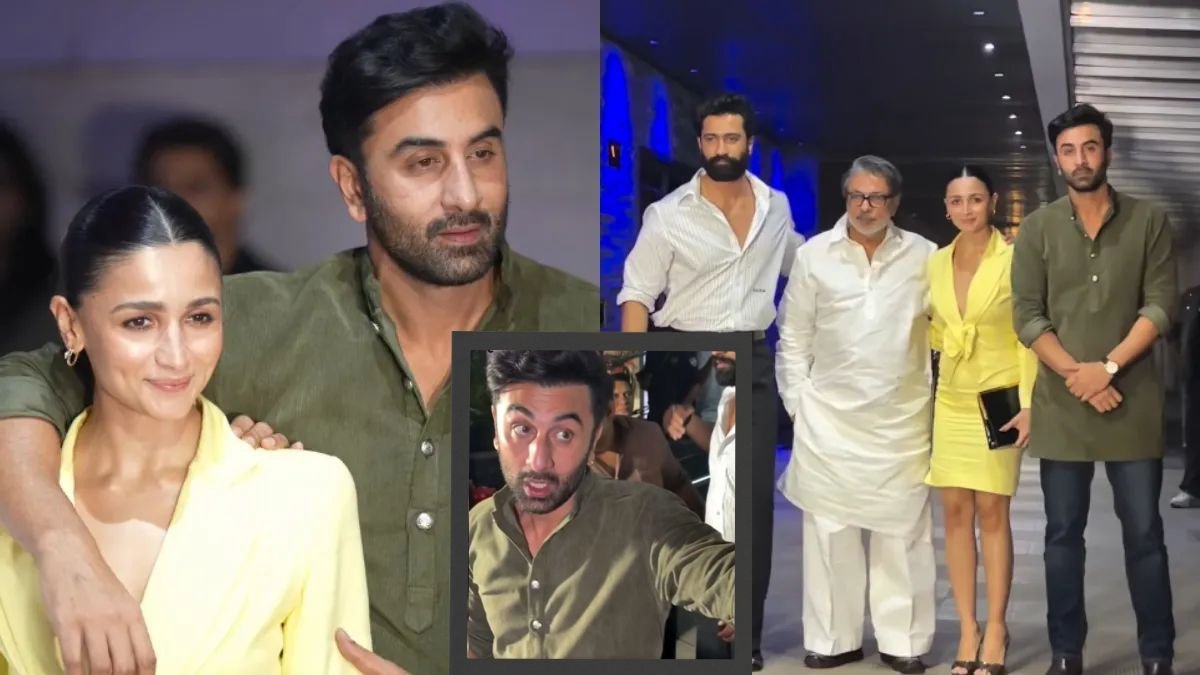 Ranbir Kapoor poses with Alia Bhatt and Vicky Kaushal